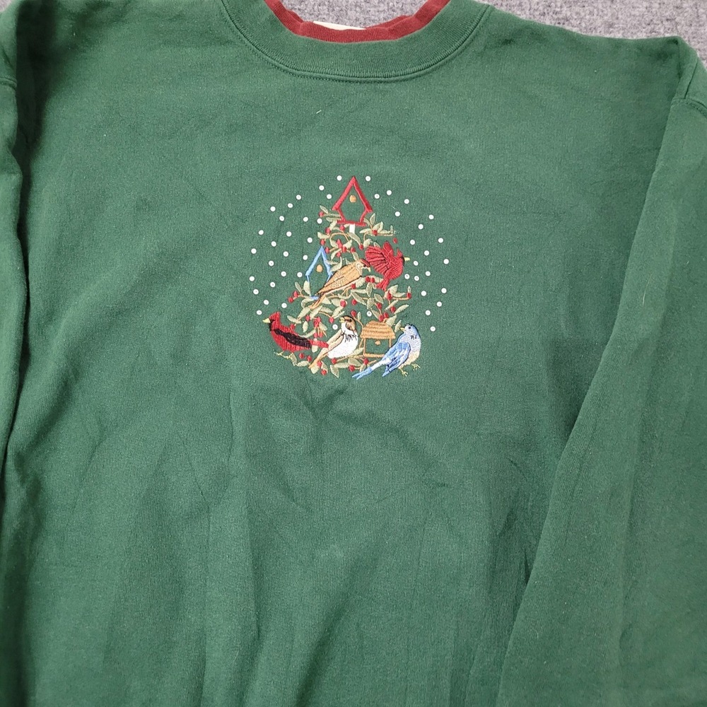 MC Sportswear Sweatshirt Womens Large Green Embroidered Bird Holiday Tree Casual